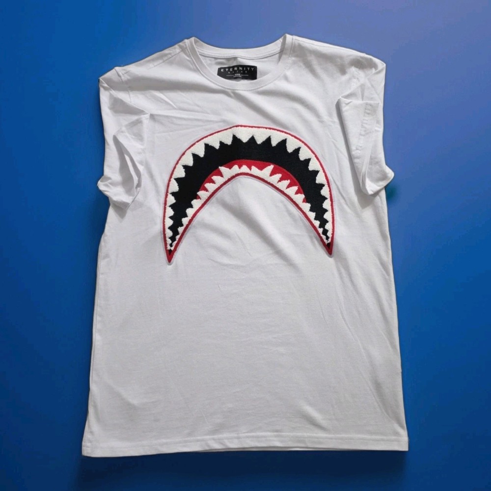 Eternity BC/AD White T-Shirt Chenille Shark Mouth Patch Beach Jaws Attack Sz M