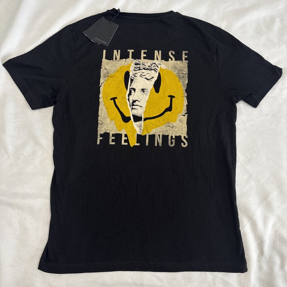 Intense Feelings Denim And Flower Graphic Tee Smiley Face Black Yellow NWT Large