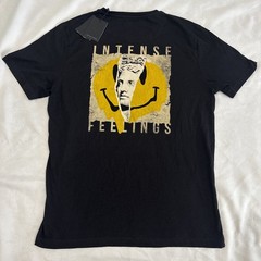 Intense Feelings Denim And Flower Graphic Tee Smiley Face Black Yellow NWT Large