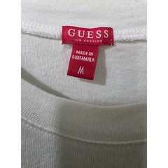 GUESS Mens White Long Sleeve Graphic Logo Tee Shirt Gold Foil Navy Stripe M Y2K