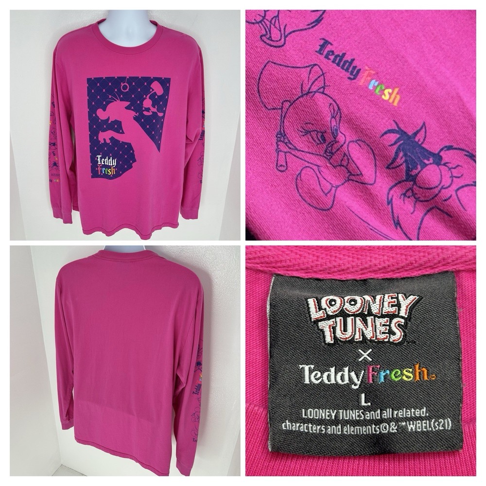 Teddy Fresh X Looney Tunes Pink Shirt Size Large Sylvester Tweety Streetwear