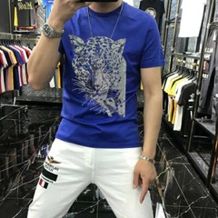 New Fashion Trend Leopard Hot Diamonds Rhinestones Summer Luxury Men T-Shirt