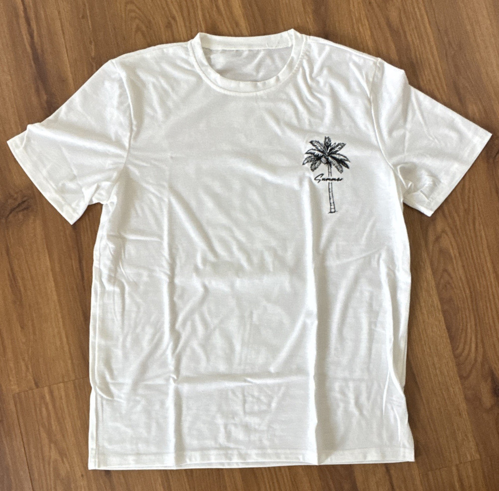 Men’s White Crew Neck Short Sleeve Graphic Beach T-Shirt Polyester/Spandex S
