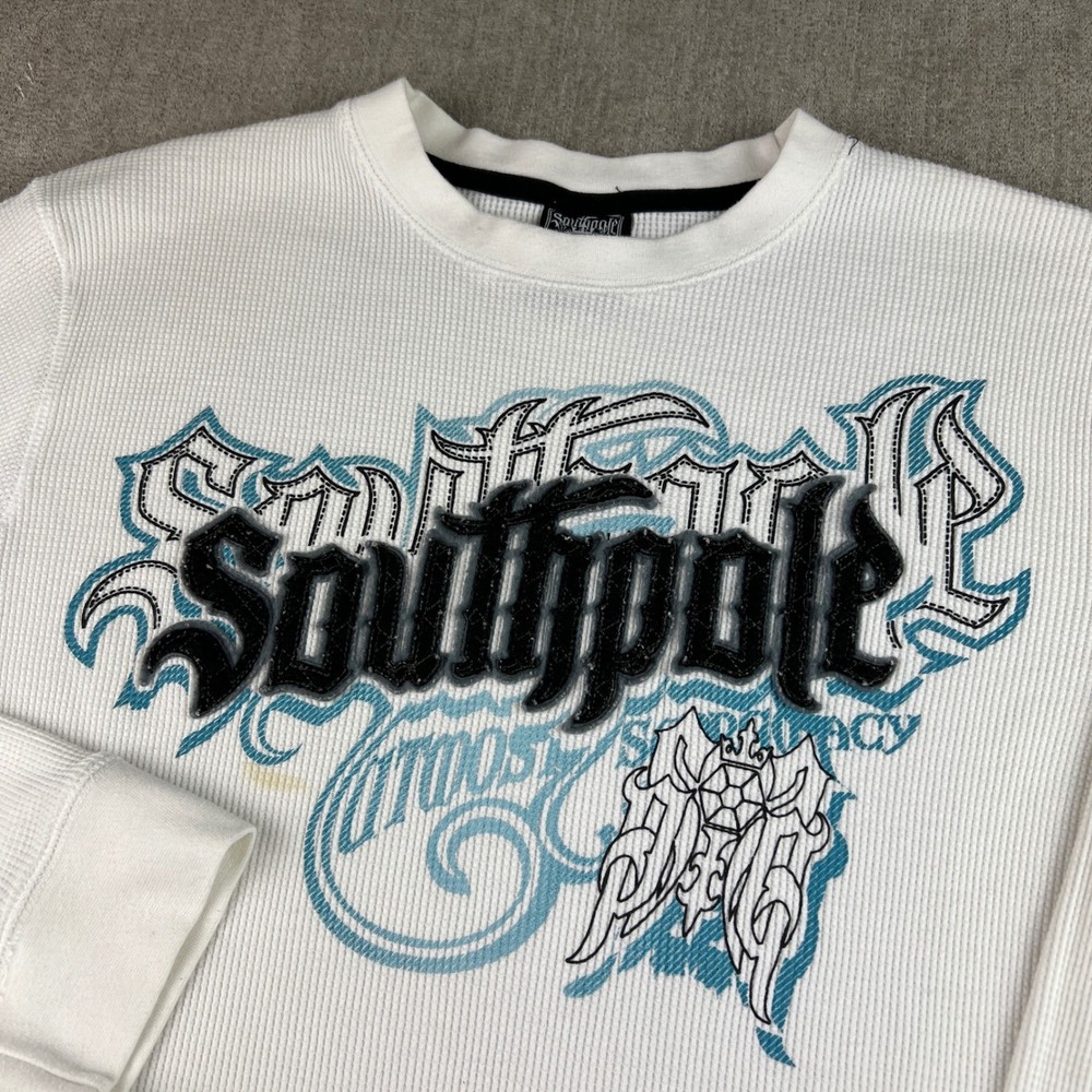 Y2K Southpole Thermal Shirt Mens Large White Gothic Graphic Waffle Knit LS Cyber
