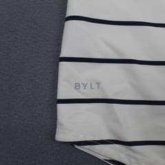 BYLT Shirt Mens Large White Striped Drop Cut S/S Lux Curved Hem Crewneck Tee