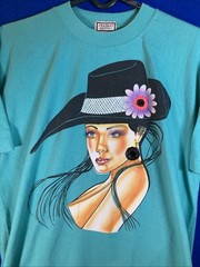Vtg 90s Student Machine Graphic Tee Art Deco Lady Floral Hat Teal 100% cotton