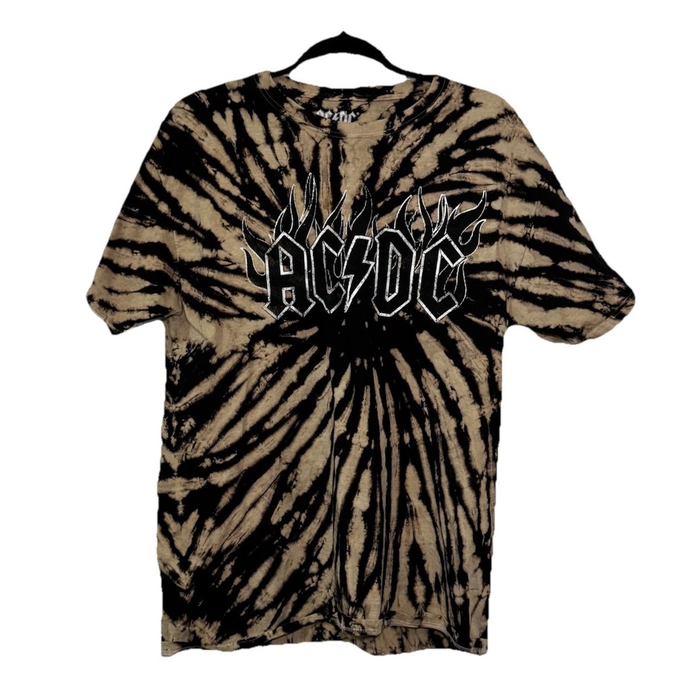 ACDC Band T-Shirt Mens Medium Black Tan Tie Dye Spiral Bleach Wash Graphic Tee