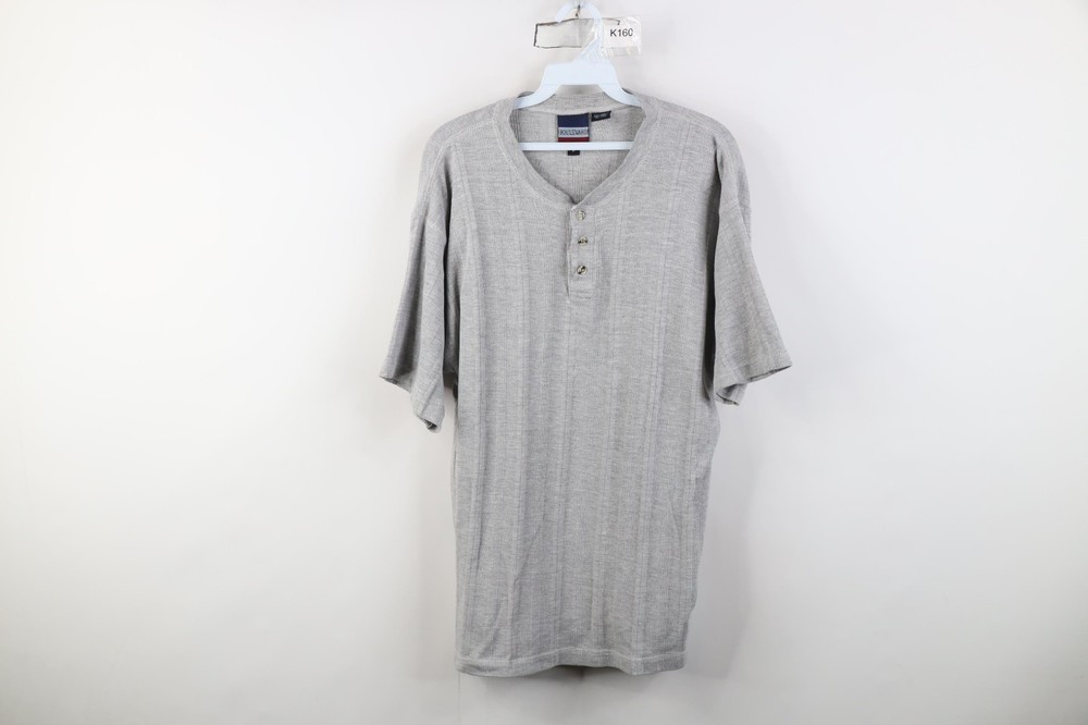 Vintage 90s Streetwear Mens Medium Blank Striped Ribbed Knit Henley T-Shirt Gray