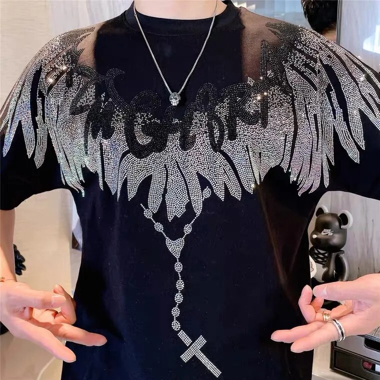 Fashion Men Trend Wings Drills Rhinestone Diamond Summer Luxury Cotton T-Shirt