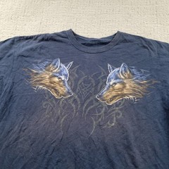 Grey Wolf Shirt Mens XL Blue Tribal Wolf Heads Graphic Tee Relaxed Cotton