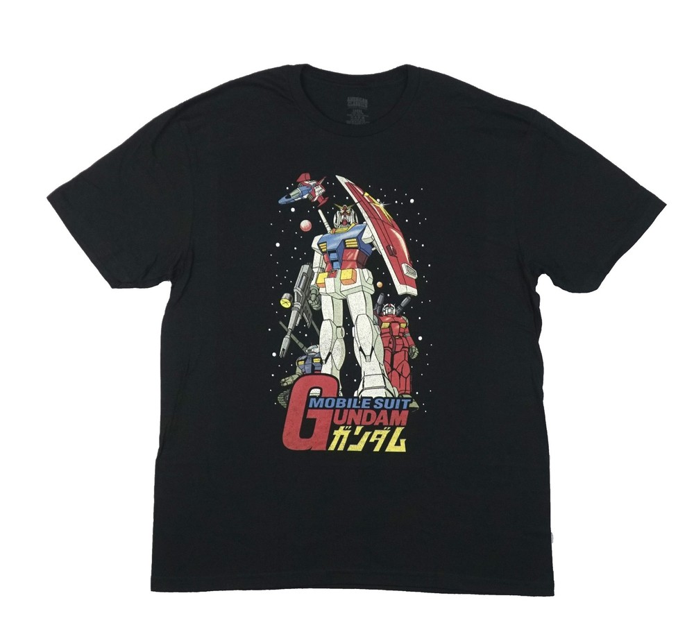 Mobile Suit Gundam New Adult T-Shirt – Trio of Mobile Suits Standing on Logo