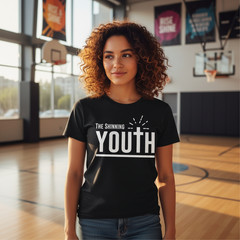 Christian Unisex Youth Tee With Large Typography, Cross Emblem, Sunrise Rays Gra