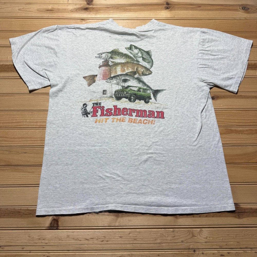 Vintage 90s The Fisherman Hit Beach Outdoor Fishing Pocket Graphic T-Shirt – XL