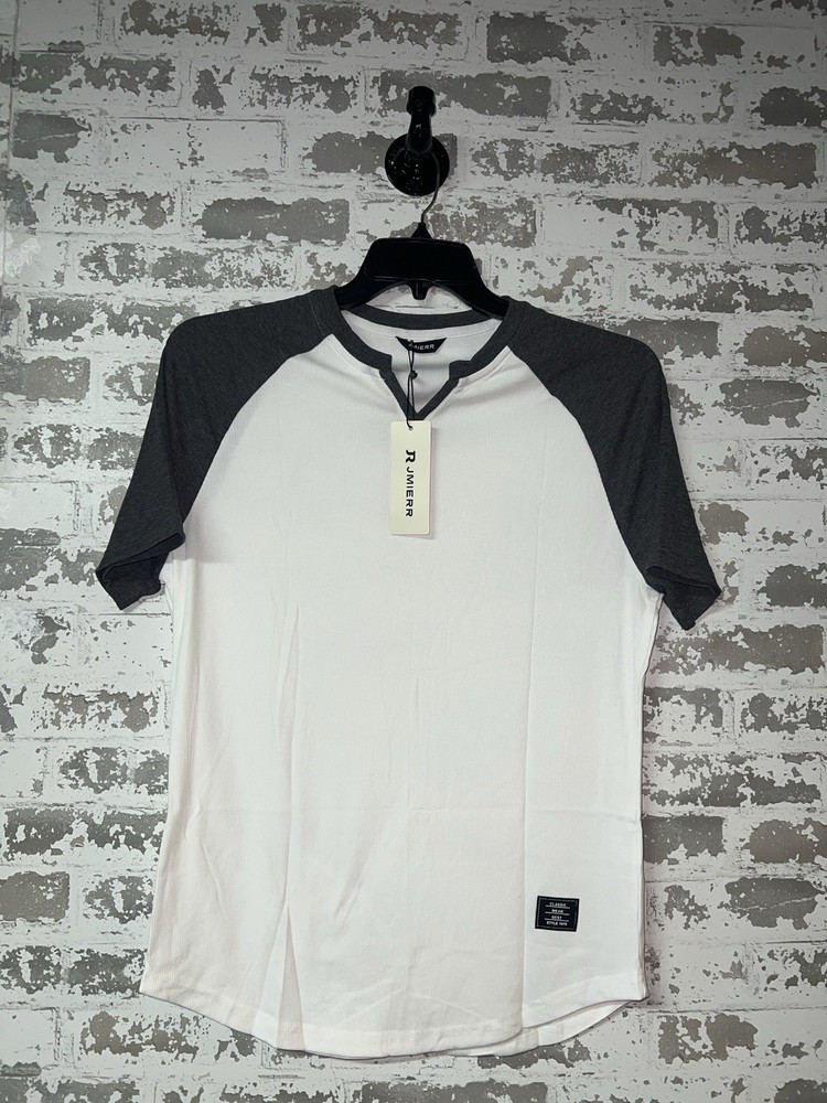 NWT! JMIERR Mens Muscle Slim T Shirt V-Neck Short Sleeve 2 Tone Gray White sz M