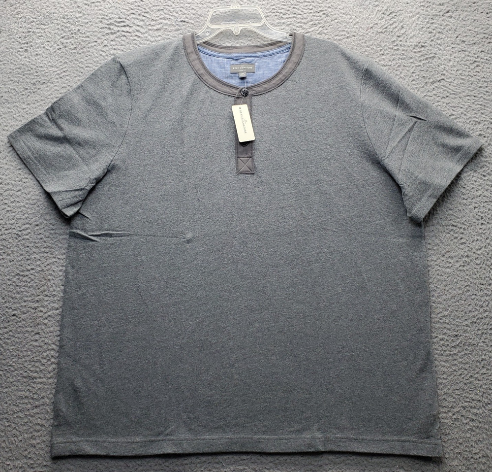 L.L. Bean Signature Shirt Men XXL Gray Heather Slim Fit Short Sleeve Henley Neck