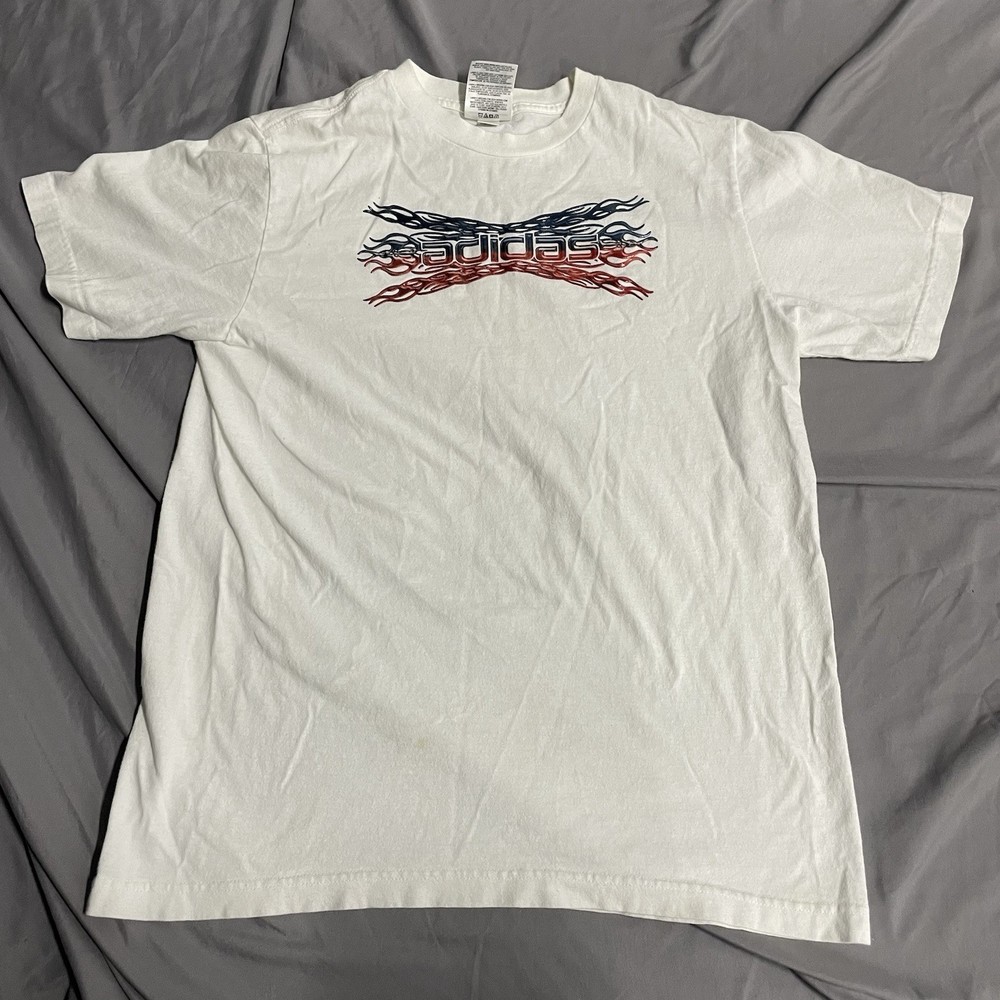Vintage Y2K Adidas White T Shirt Size Mens XL Shiny Plastic Print Soccer Sports