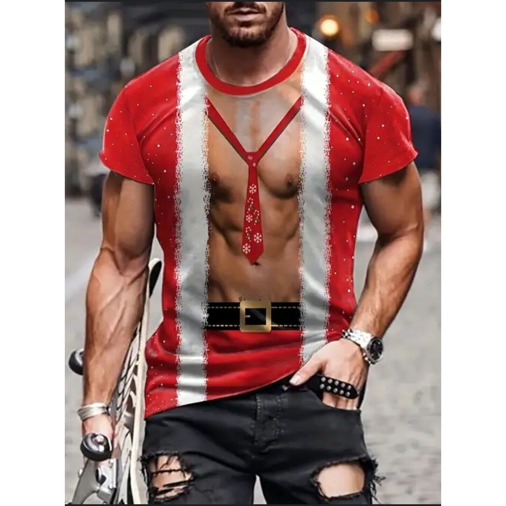 Mens Casual Christmas Short Sleeve 3D Chest Muscle Graphic T-Shirt Funny Sz. XXL