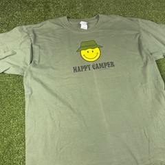 Gildan Happy Camper Smiley Face Bucket Hat Graphic T-Shirt Olive Green XL