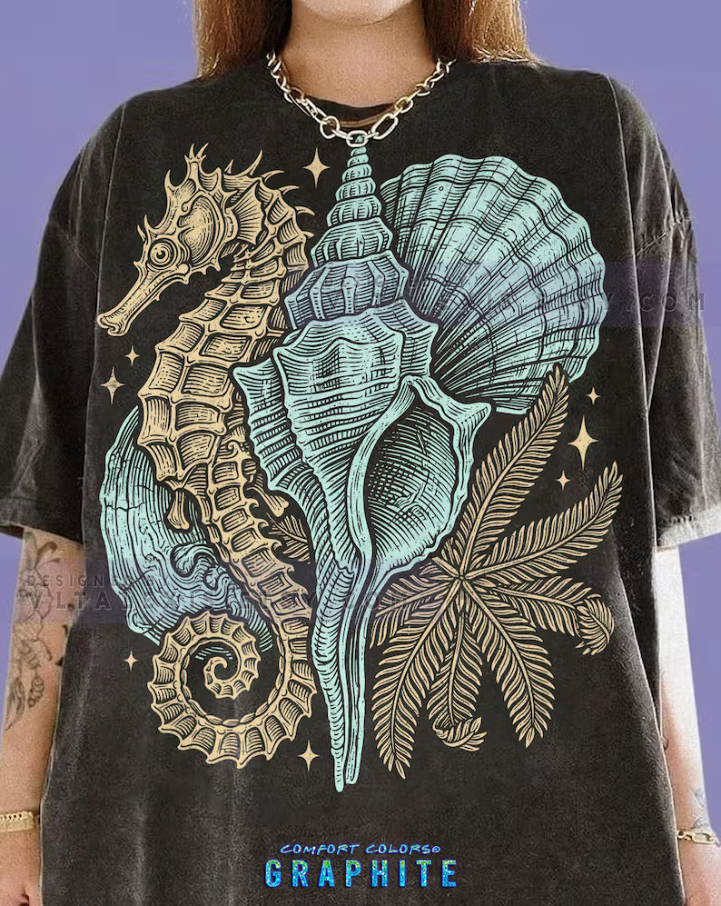 Seahorse Seashells Palm Frond Comfort Tee Ocean Beach Design