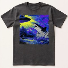 Retro UFO Shark Attack T-Shirt Vintage Sci-Fi Alien Abduction Space Graphic Tee