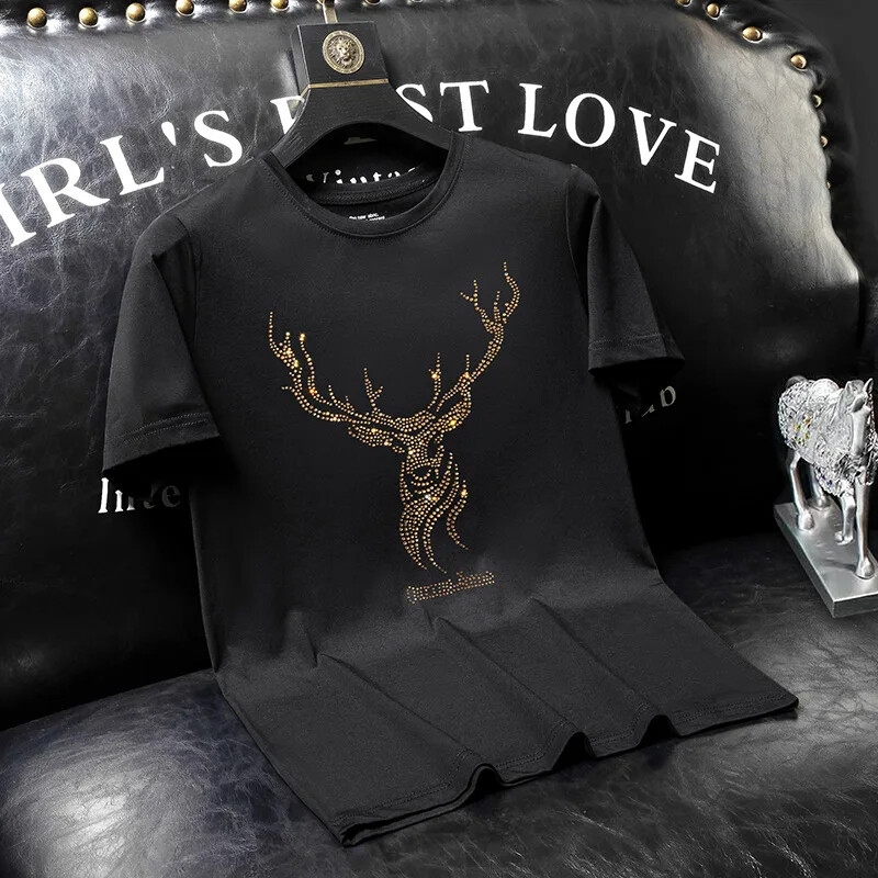 New Fashion Deer Rhinestones Summer Short Sleeve Luxury Men Streetwear T-Shirt