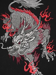 Niepce Men’s Dragon with Red Flames Embroidery Tee Japanese Streetwear T-Shirt