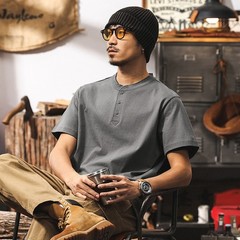 American retro T-shirt men new short-sleeved men summer Henry collar
