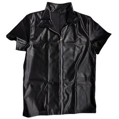 Men T-shirts Short Sleeve Shirts Zip Nightclub Stage Tops Black PU Leather Tees