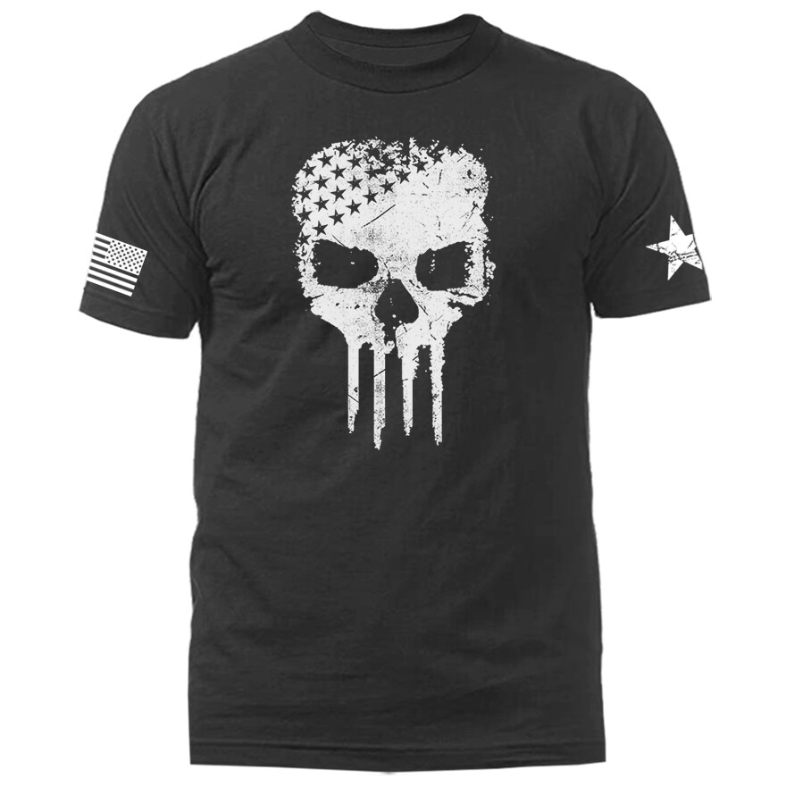 Skull US Flag American Pride Warrior Patriotic Military Graphic T-shirt