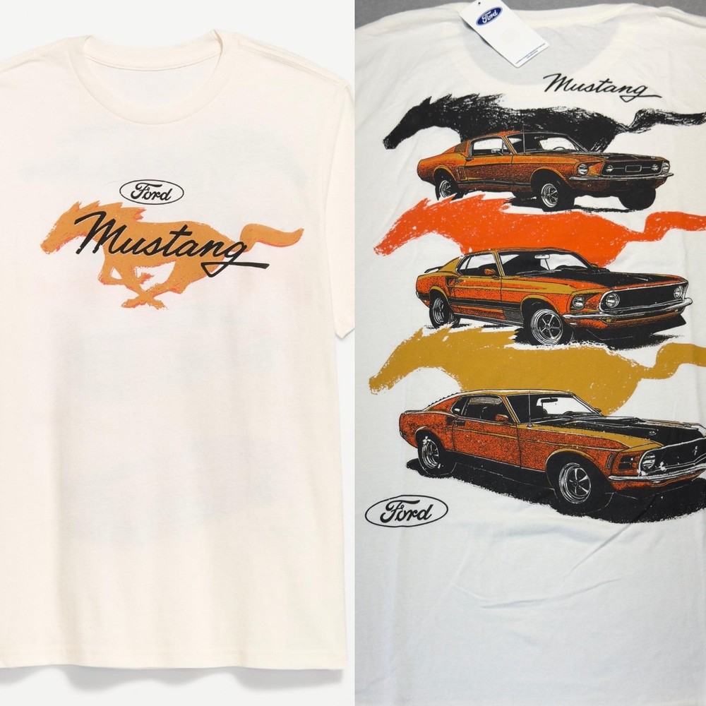 Ford Mustang Old Navy Shirt Mens 2XL White Graphic Tee Sea Salt Back Print XXL