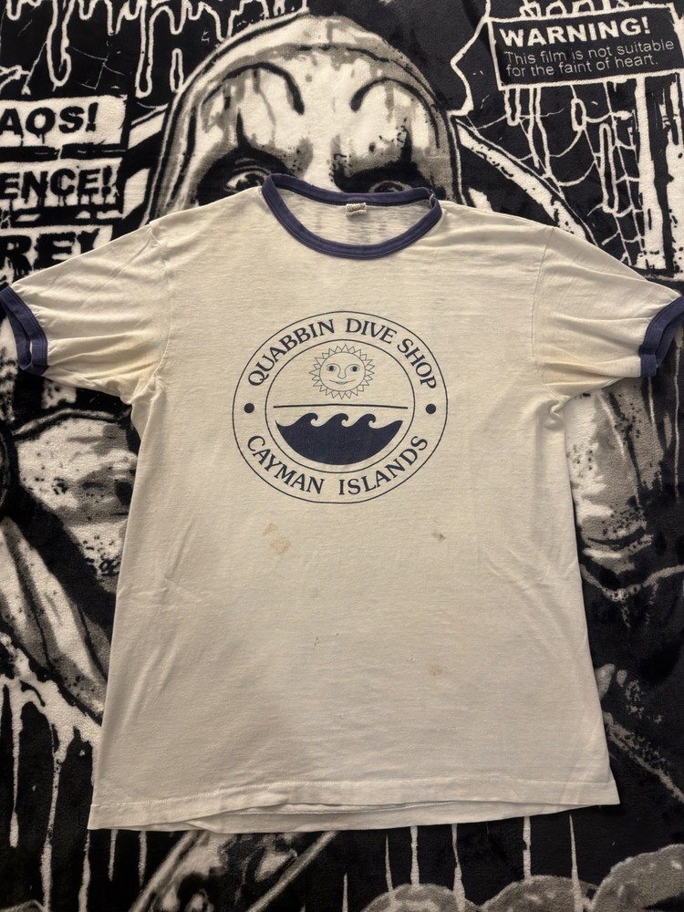 70s Hanes Quabbin Dive Shop Cayman Islands White/Blue Ringer Graphic T-Shirt L