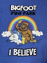 Adult S T Shirt Bigfoot Fun Park Rainbow Unicorn Believe Fantasy Blue Travel