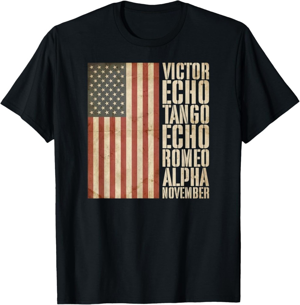 Veteran Military Alphabet American Flag Aged T-Shirt