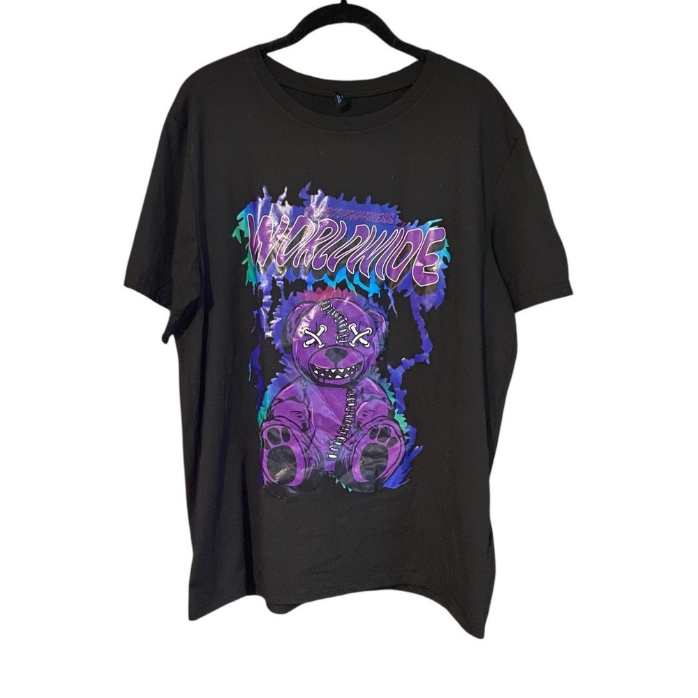 Romwe Street Life Bear Drop Shoulder Short Sleeve Shirt Large Black Cartoon