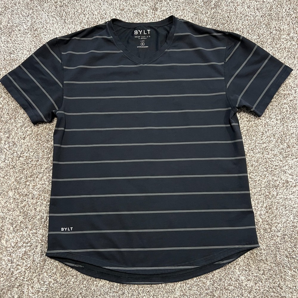 BYLT T Shirt Mens XL Drop Cut V Neck Lux Black Striped Tee Short Sleeve Gym