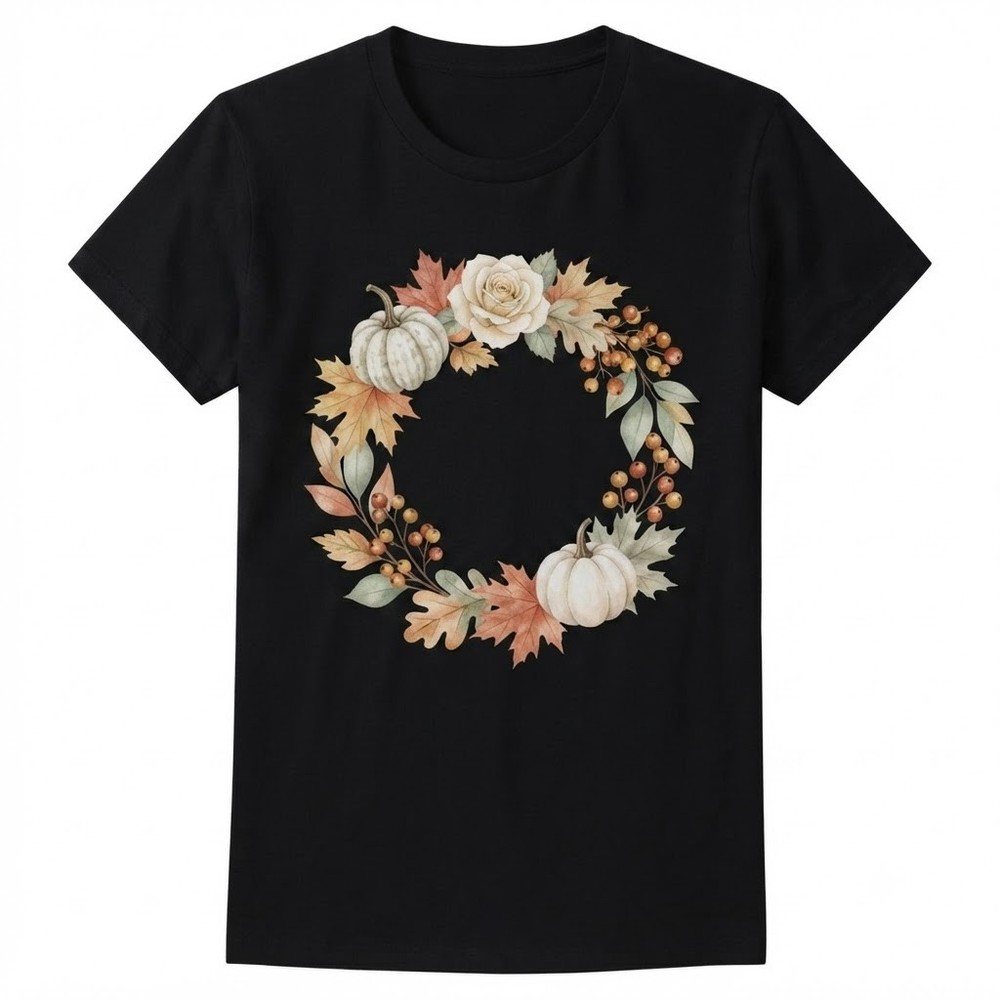 Watercolor Autumn White Pumpkin And Floral Wreath Fall Season T-shirt