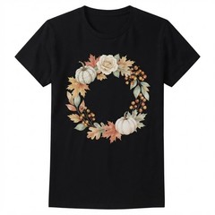 Watercolor Autumn White Pumpkin And Floral Wreath Fall Season T-shirt