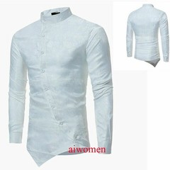 Men Printed Shirt Vintage Long Sleeve Grandad Collar Top Asymmetric Hem Slim YM0