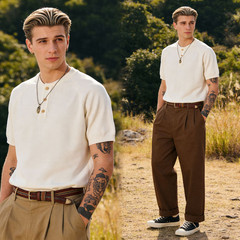 Knitted Henry Collar T-Shirt Men Summer Fashionable Short-Sleeved Top