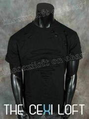 Mens KROME brand T Shirt Shredded Front Holes Black HipHop Slim Fit