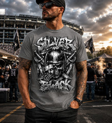 Men Raider Skull Silver & Black T Football Big & Tall Graphic Sneaker Tee Shirt