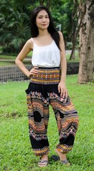 Smocked Waist Harem Baggy Pants, , Rayon Elephant Boho Yoga, 3X-Large, Dashik…