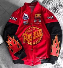 Mens Cars Lightning McQueen Baseball Jacket Red Oversized Embroidered Y2K Stre