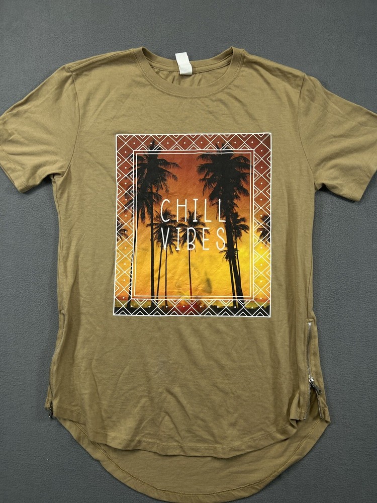 Chill Vibes Faction T Shirt Adult M Med Brown Palm Tree Side Zippers Graphic Men