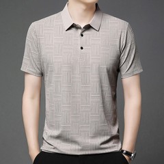 Cotton Polo Shirt Men Short Sleeve Printed Collared Classic Business Casual Top