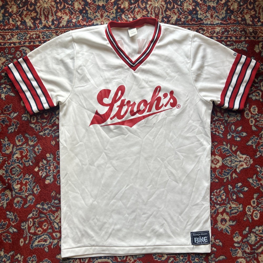 Vtg Strohs Jersey L Beer Lager Logo S/S Tee Bike Athletic Shirt USA 80s Red