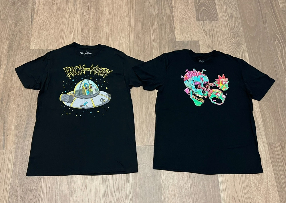 L XL Mens Adult Swim RICK and MORTY Black Tee Shirt Top Lot 2 UFO Skull Eyeballs