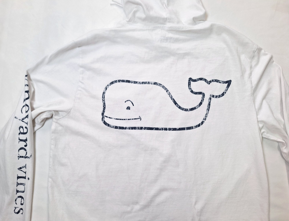 Vineyard Vines Hooded T Shirt Mens Size S White with Navy Whale Logo Pocket