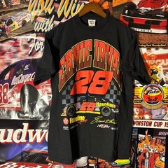 Vintage Ernie Irvan #28 Havoline NASCAR Tee Checkered Flag Sports Black Large