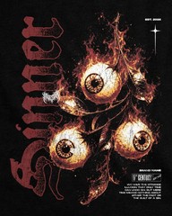Men’s Vintage Washed Graphic T-Shirt Burning Eyeball Print Gothic Streetwear Tee